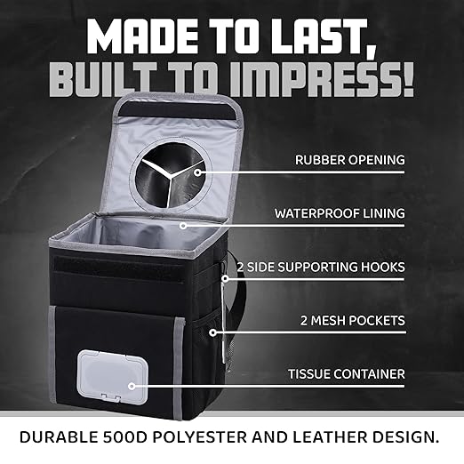 Eco Hygieia Leakproof Car Trash Can - Portable Hanging Car Garbage Can with Adjustable Elastic Strap, Wipes & Tissue Box Holder, Spillproof Opening, Mesh Pockets, Waterproof Lining