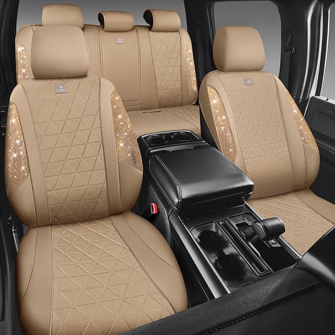 CAR PASS Beige Oxford Bling Diamond Car Seat Covers Full Set Interior Sets, Waterproof Shining Glitter Sparkly Crystal Univer