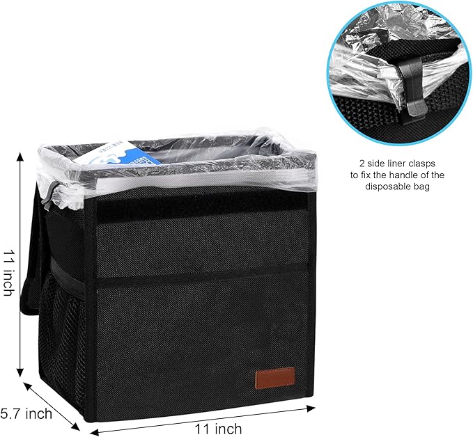 Leak Proof Car Trash Bag Waterproof Garbage Can with Lid for SUV Front Seat Multipurpose Car Hanging for Headrest Collapsible and Portable with Storage Mesh Pocket, Large/ Black