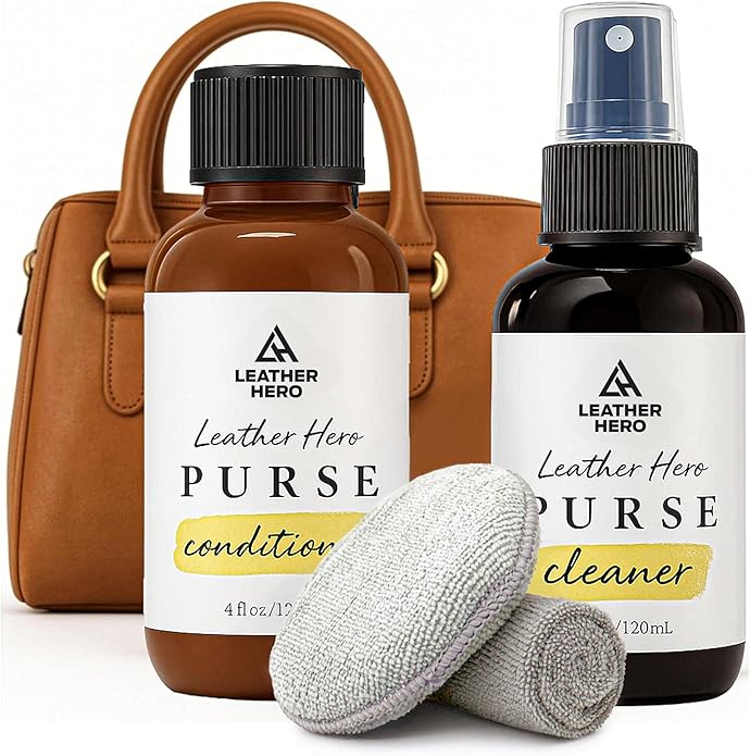 Leather Purse Cleaner & Conditioner Kit – 4pc Set with 4oz Cleaner, 4oz Conditioner, Microfiber Cloth & Applicator Sponge – L