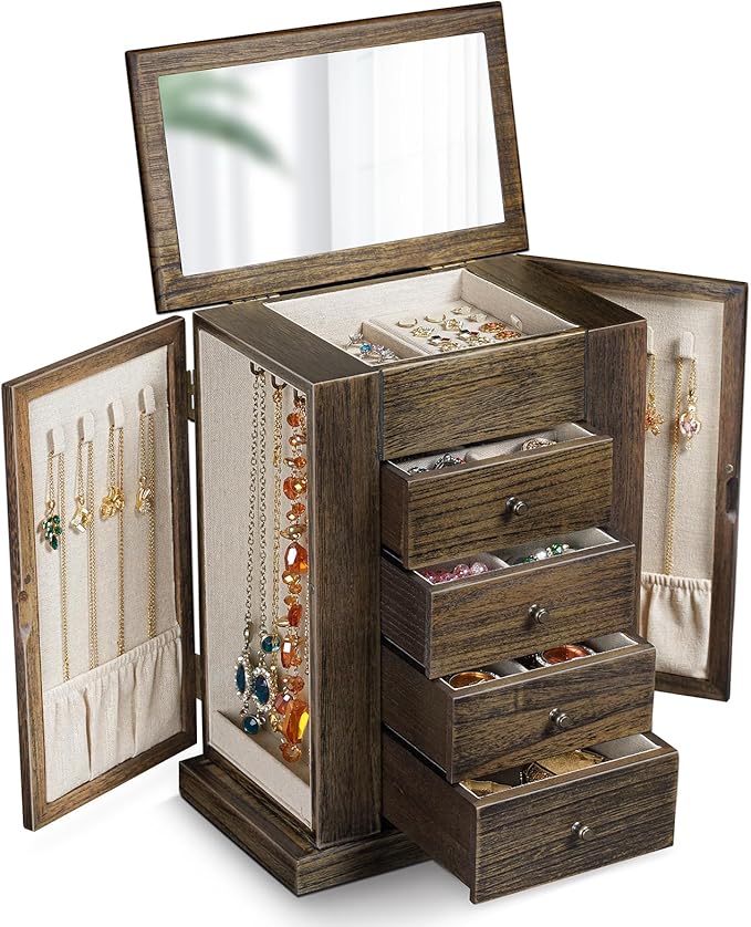 Emfogo Jewelry Box for Women, 5 Layer Large Wood Jewelry Boxes & Organizers for Necklaces Earrings Rings Bracelets, Rustic Je