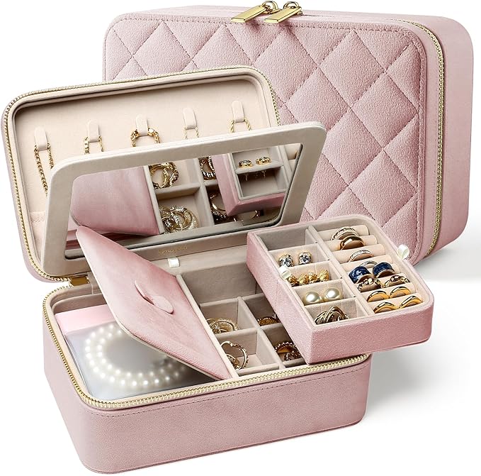Velvet Travel Jewelry Box with Large Mirror, Double-Layer Jewelry Organizer Case for Women and Girls, Portable Storage Case w