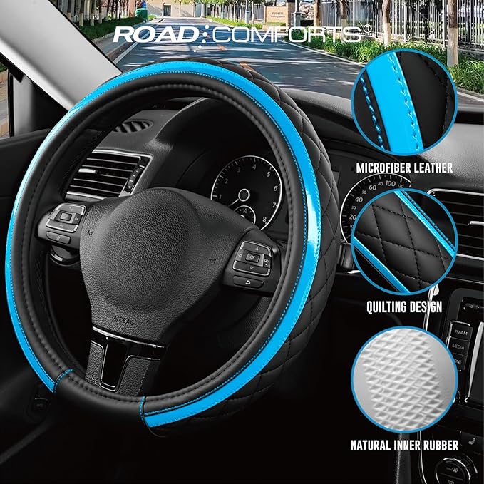 Road Comforts Leather Steering Wheel Cover – Black & Blue, Universal Fit 14.5-15 Inch, Microfiber Leather, Anti-Slip & Breath