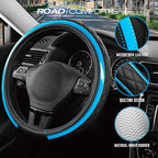 Road Comforts Leather Steering Wheel Cover – Black & Blue, Universal Fit 14.5-15 Inch, Microfiber Leather, Anti-Slip & Breath
