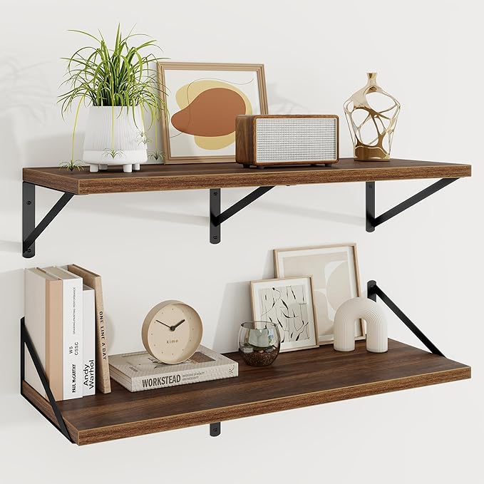 Floating Shelves, 12 Inch Deep Rustic Wood Wall Storage, 36W x 12D Wall Shelves Set of 2, Heavy Duty Metal Brackets, Large In
