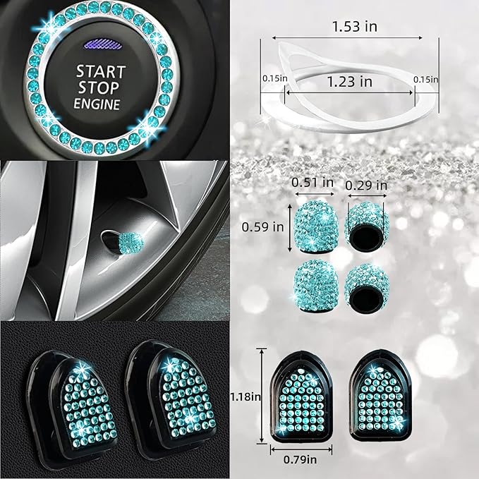 NBTEPEM 30 Pcs Aquamarine Bling Car Accessories Set for Women, Steering Wheel Cover Set, Bling Console Cover, Seat Belt Cushion, Shift Knob Cushion, Cup Coaster, Rhinestone Car Hanging Accessories
