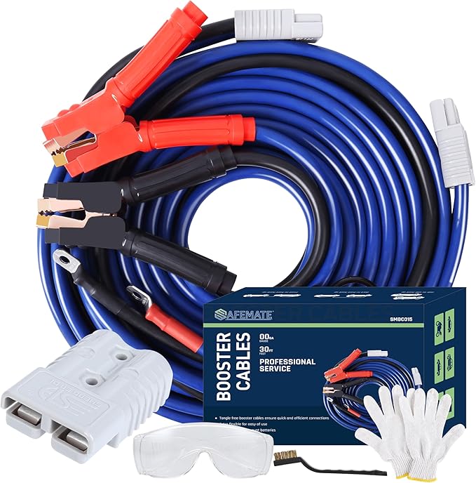SAFEMATE 00 Gauge 30 FT Heavy Duty Jumper Cables - 1500Amp Booster Jumper Cable for Car, SUV and Trucks Battery - Quick Connect, Blue