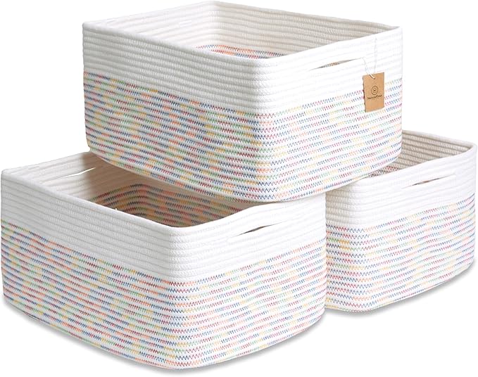 NaturalCozy Storage Baskets 16.8”x13”x7.6” Cotton Rope Woven Baskets for Organizing 3-Pack | Toy Storage Bins | Basket for Sh