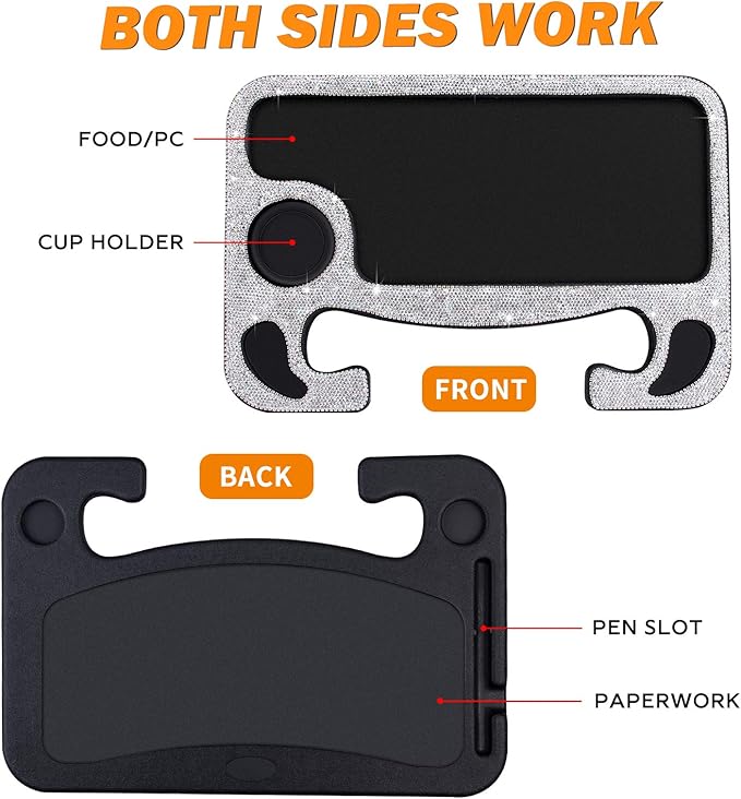 eing Bling Auto Steering Wheel Desk, Laptop,Tablet, Notebook Car Travel Table, Food Eating Hook On Steering Wheel Tray, for Constant Travelers, Fits Most Vehicles Steering Wheels,White
