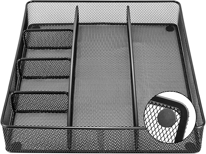Amazon Basics Metal Mesh Desk Organizer with 6 Compartments, Anti-Slip Pen Holder Storage Tray for Office Supplies and Home, 