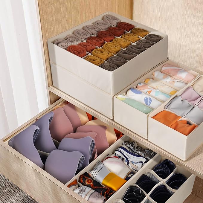 Criusia 6 Pack Sock Underwear Drawer Organizer Dividers, 58 Cell Foldable Fabric Dresser Closet Organizers and Storage Bins f