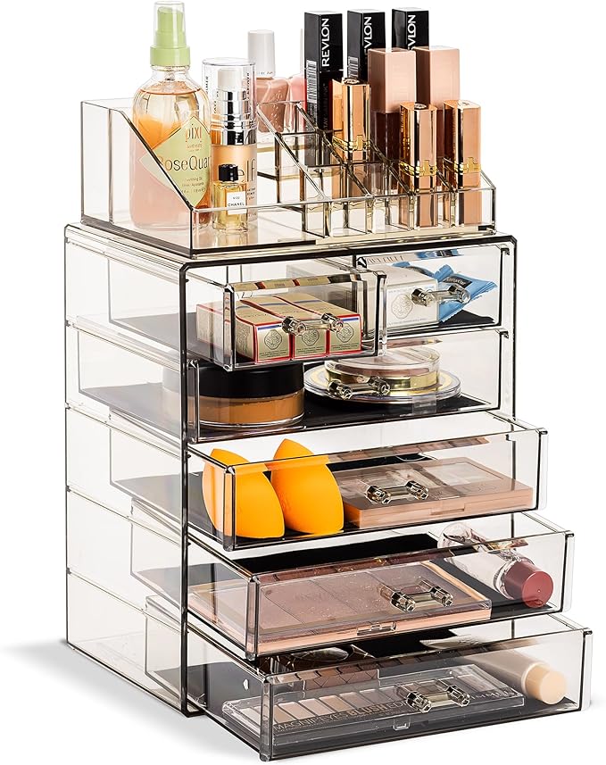 Sorbus Acrylic Makeup Organizer Set, 6-Drawer Vanity & Countertop Cosmetic Storage with Small & Wide Compartments, Black-Tint