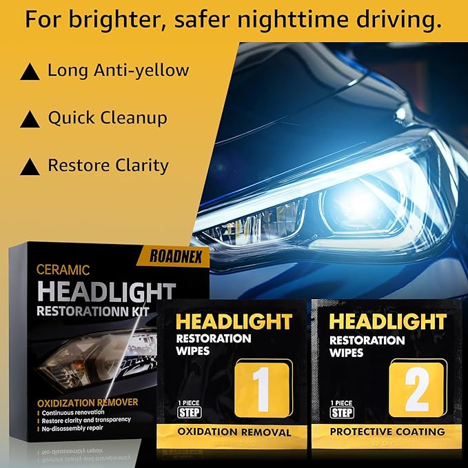 Headlight Restoration Kit, 3-Step Headlight Cleaner Wipes, Removes Yellowing, Oxidation & Cloudiness, Restores Clarity with U