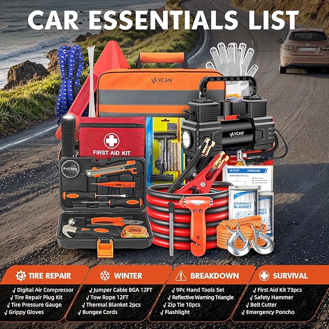 Car Emergency Kit with Portable Air Compressor, First Aid Kit, Jumper Cables, Roadside Safety Emergency Tool Kit for Women, M