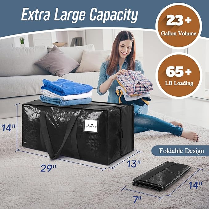 6 Pack Extra Heavy Duty Large Moving Bags with Strong Zipper & Comfortable Handles, Sturdy & Durable Clothes Storage Bags Tot
