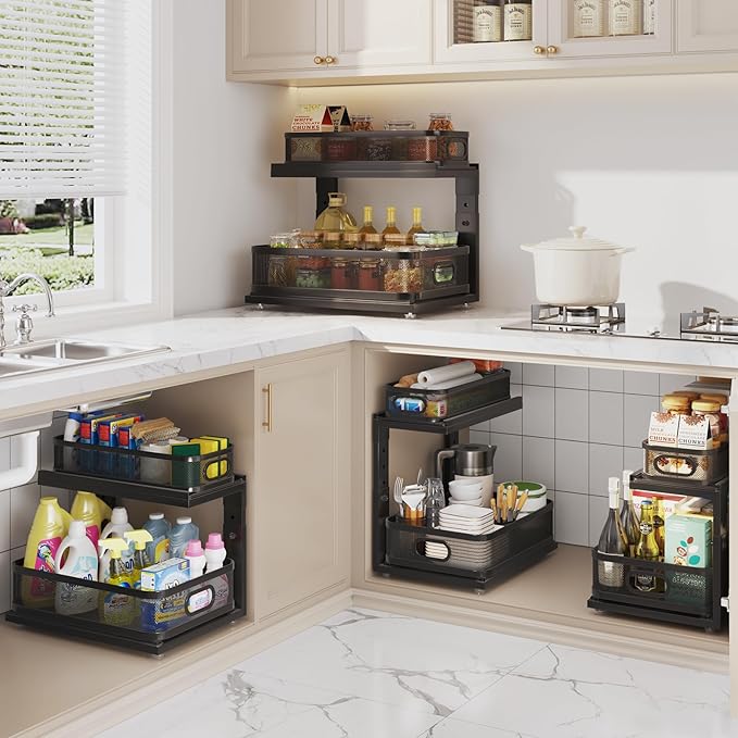 2 Pack Under Sink Organizer With Next-Gen Ball-Bearing Slides,2-Tier Precision Mesh Pull Out Cabinet Shelf Storage for Bathro