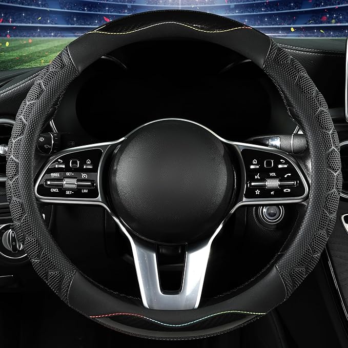 PU Leather Steering Wheel Cover 14.5-15 Inch, Carbon Fiber Style Grip, Non-Slip & Breathable, Universal for Sedan SUV Truck V