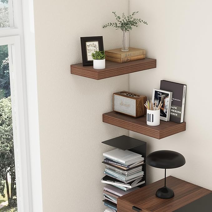 Deep Floating Shelves | 24 Inch Walnut Floating Shelves Set of 2 | 12 Inch Deep Rustic Wood Shelves for Wall | 24" W x 12" D 