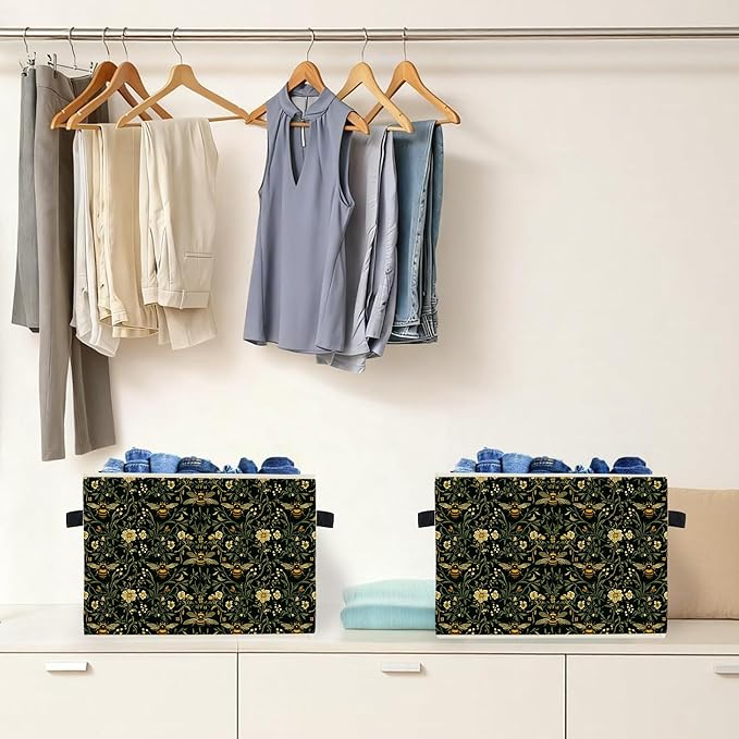 Moody Floral Bumblebee Storage Box Bins, Dark Cottagecore Honey Bee Botanical Collapsible Storage Basket Organizer for Bedroo