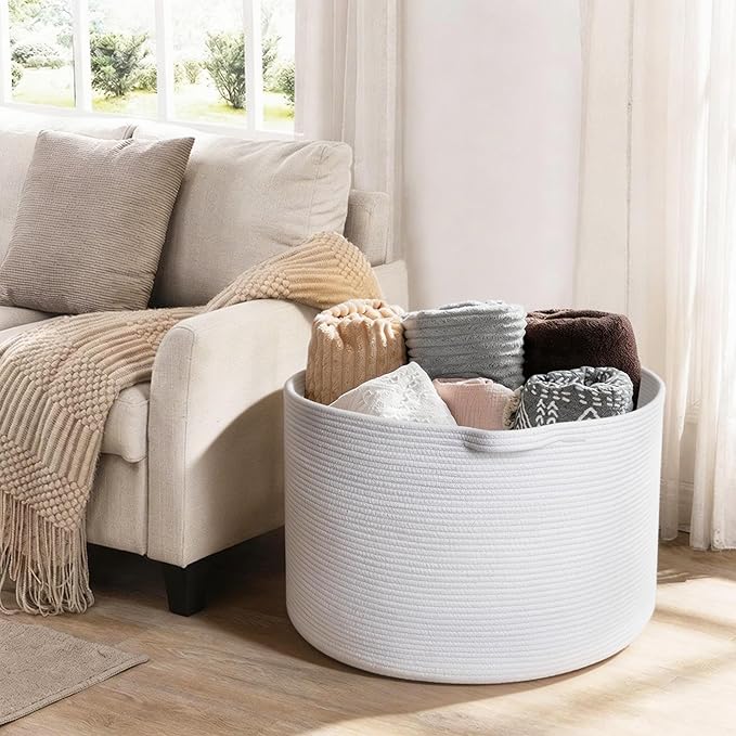 MEGASKET White Cotton Rope Storage Basket, 22" X 22" X 14" Extra Large Blanket Storage Living Room, XL Soft Toy Bin for Organ