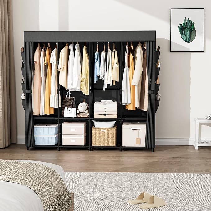 Portable Closet for Hanging Clothes, 67 Inch Wide Portable Wardrobe Closet with Cover, 4 Hanging Rod, Storage Shelves and Sid