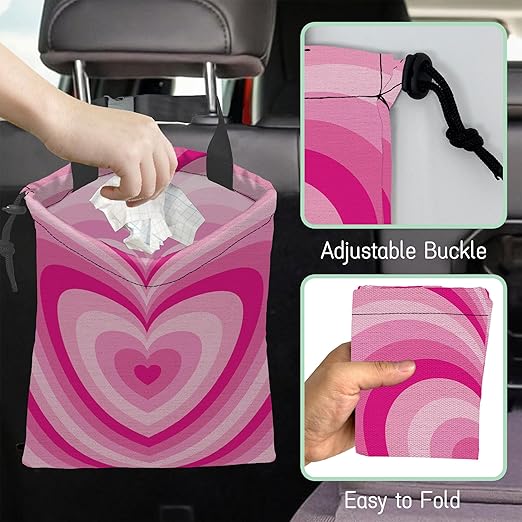Pink Heart Car Garbage Bag,Romantic Heart Waterproof Small Car Trash Bag Hanging Back of Seat,Drawstring Hanging Car Trash Bag with Adjustable Buckle for Car Accessories