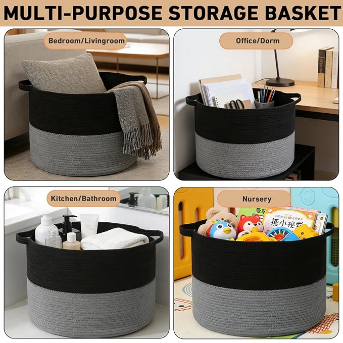 65L Large Woven Cotton Rope Blanket Basket with Handles, Laundry Hamper Storage Bin for Pillows, Comforters,Clothes, Toys, Nu