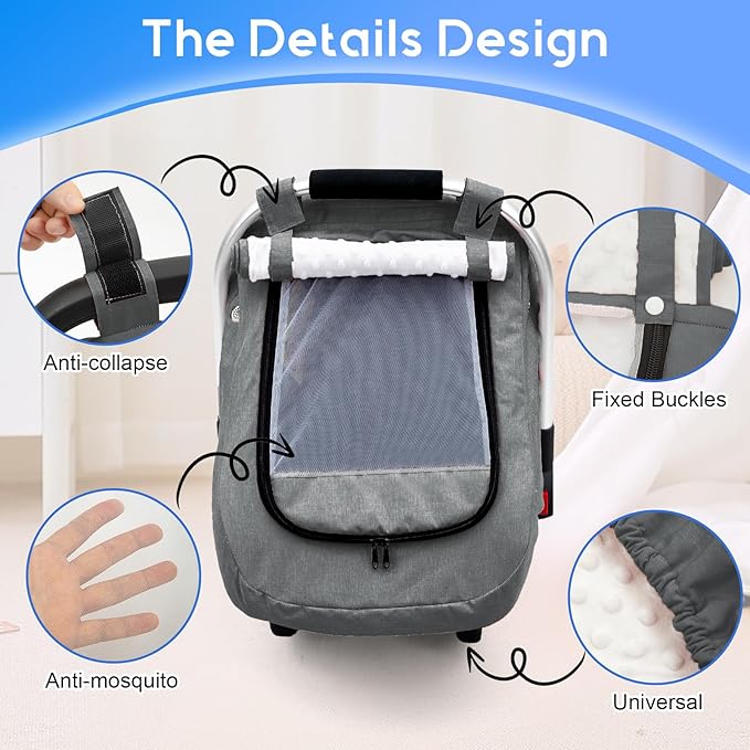 Carseat Covers Baby Boy, Waterproof Baby Car Seat Cover with 2 Layers Mesh & Sun Shade Window, Outdoor Infant Car Seat Canopy