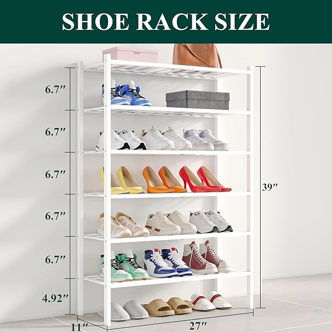 Smiry Shoe Rack, 6 Tier Bamboo Shoe Organizer, Stackable Free Standing Wooden Shoe Storage Shelf for Closet, Entryway, Front 