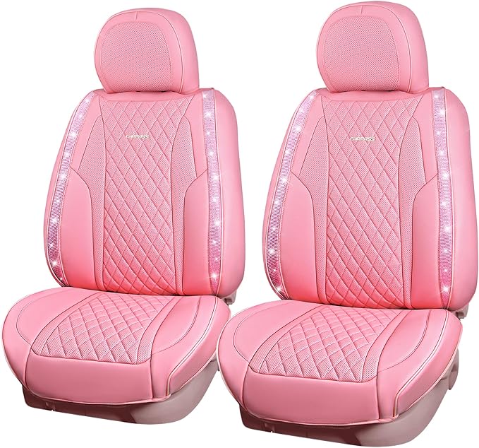 CAR PASS Bling Pink Nappa Leather Car Seat Covers for Front Seats, Waterproof Heavy-Duty Anti-Slip, Universal Fit for 95% Aut