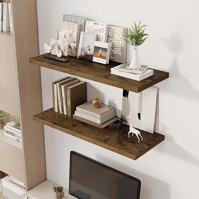 Dreamland 36" Floating Shelves for Wall, 12" Deep Slim Rustic Brown Floating Shelves, Wall-Mounted Shelves for Bedroom, Livin