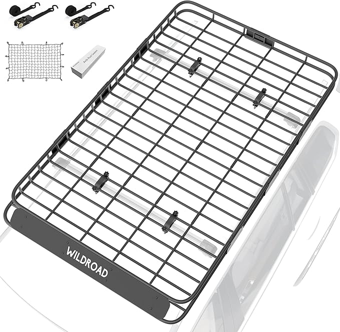 WILDROAD Roof Rack Cargo Basket, Upgraded 4” Fence Wide Car Roof Basket, 84"x 50"x 4" Universal Car Top Carrier Basket with Super Duty Bungee Cargo Net and Ratchet Straps Fits for SUV Truck Cars