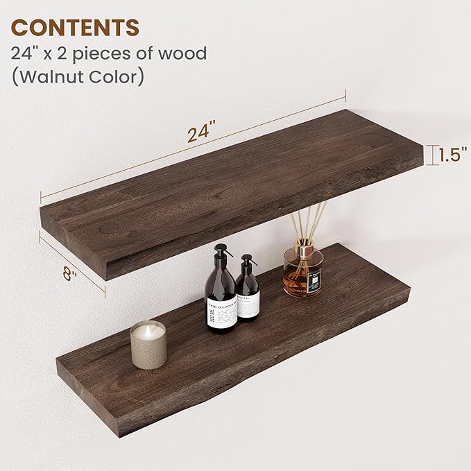 Floating Shelves for Wall Decor, Rustic Solid Elm Wood Live Edge Floating Shelves Wall Mounted, Wall Shelves with Invisible B