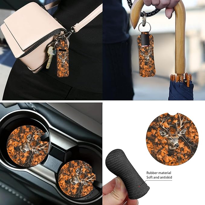 Deer 13 Pcs Auto Seat Cover Sets Steering Wheel Cover Seatbelt Pad Camo Hunting Forest Armrest Cover Pad Cup Holders Keychain Chapstick Holder for SUV Van Sedan Truck