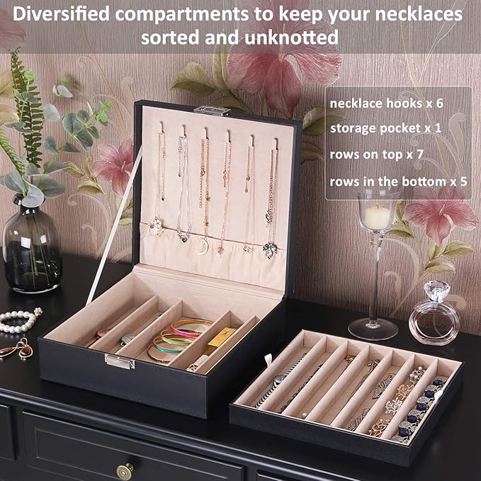 BEWISHOME Jewelry Box Organizer, 2-Layer Necklace Organizer Box, Modern Style Necklace And Bracelet Storage Case, Necklace Ca