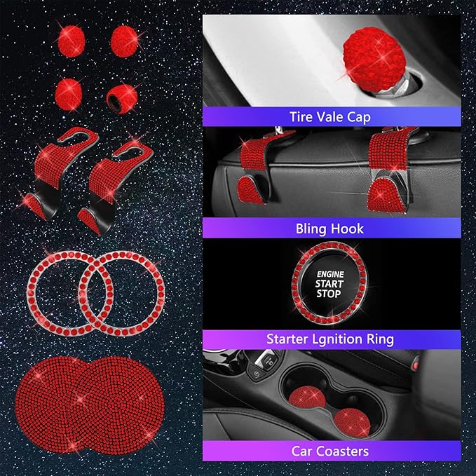 25PCS Bling Car Car Accessories Set,15 Inch Steering Wheel Cover,Shiny License Plate Frame,Center Console Cover and Rearview Mirror Set and Other Car Accessories(Red)
