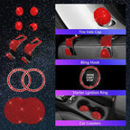 25PCS Bling Car Car Accessories Set,15 Inch Steering Wheel Cover,Shiny License Plate Frame,Center Console Cover and Rearview Mirror Set and Other Car Accessories(Red)