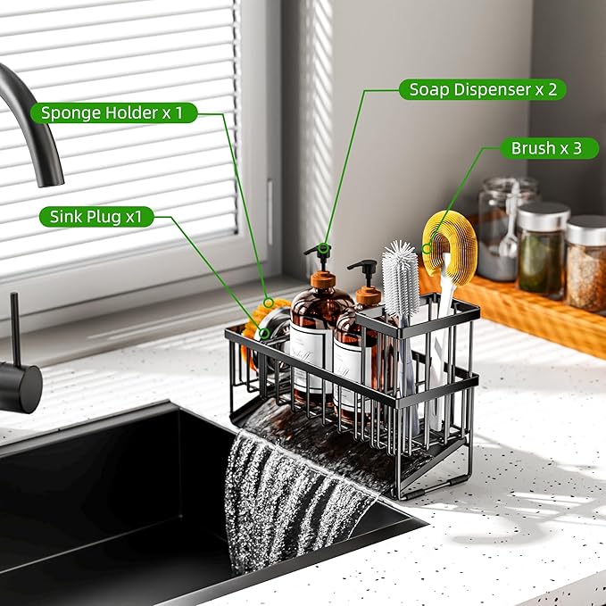 Cisily Extra Large Kitchen Sink Caddy Organzier with High Brush Holder, Sponge Holder for Sink, 304 Rustproof Stainless, Kitc