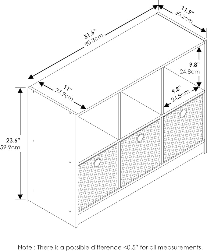 Furinno BASIC Book Shelf, 6-Cube Bookshelf with Open Shelf, 3 x 2 Bookcase with Storage Bins, Closed Back, Horizontal, 11.9 x