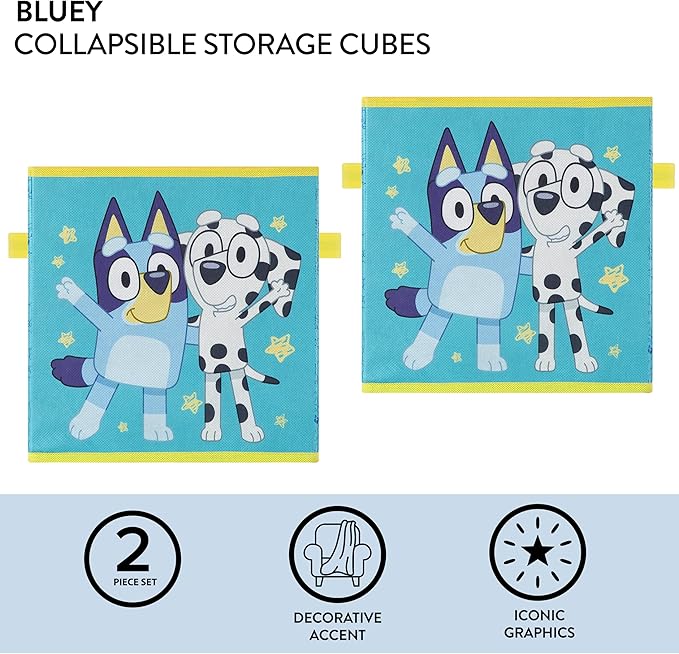 Bluey Set of 2 Collapsible Storage Cubes,10"x10"x10" Fabric Bins for Kids, Spacious Foldable Toy Organizer Boxes for Bedroom,