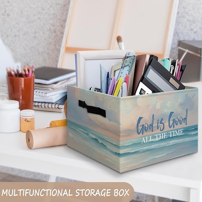 Christian Coastal Beach Foldable Storage Bins Box with Handles, God Is Good All the Time Bible Verse Religious Collapsible Or