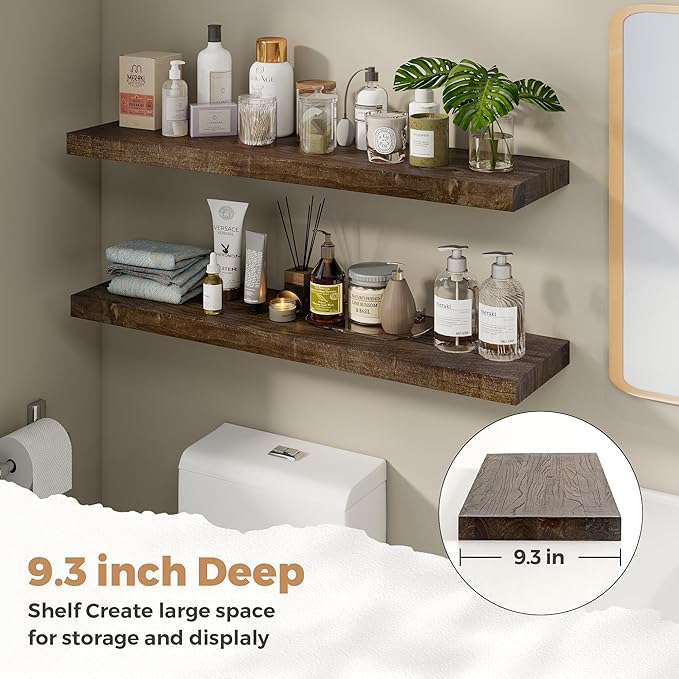 RICHFOCUS Elm Floating Shelves for Wall - 40" W x 9.3" D Rustic Solid Wood Shelves with Invisible Bracket, Wall-Mounted for L