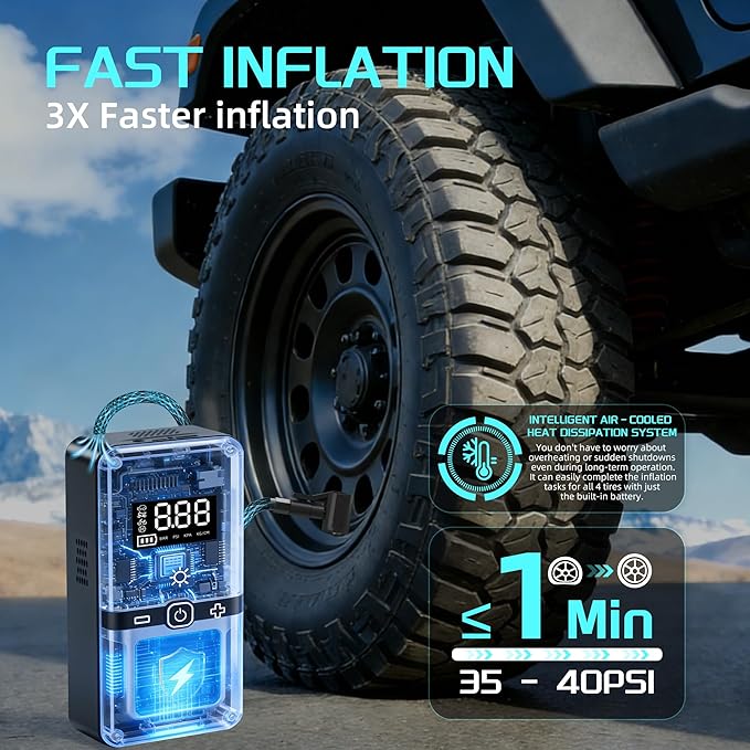 Tire Inflator Portable Air Compressor,Tire Air Pump with Digital Pressure Gauge,LED Lights&Auto Shut-Off Function,Cordless Pump with 12V DC Car Plug,Air Compressor for Car,Motorcycle,Bicycle,Ball