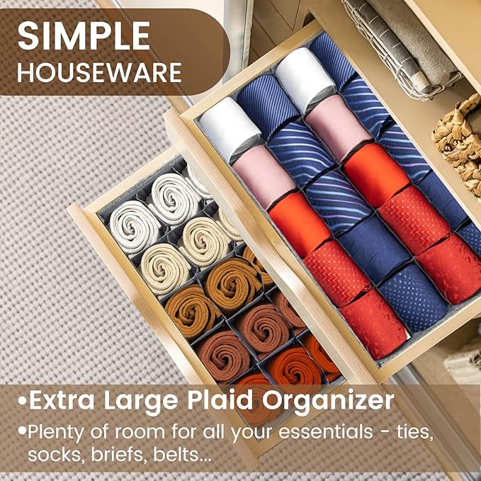 2 Pack Large Grid Sock Organizer Divider, 20 Cell with Lid, Fabric Foldable, Tie Organizer for Men for Storing Socks, Tie, Ha