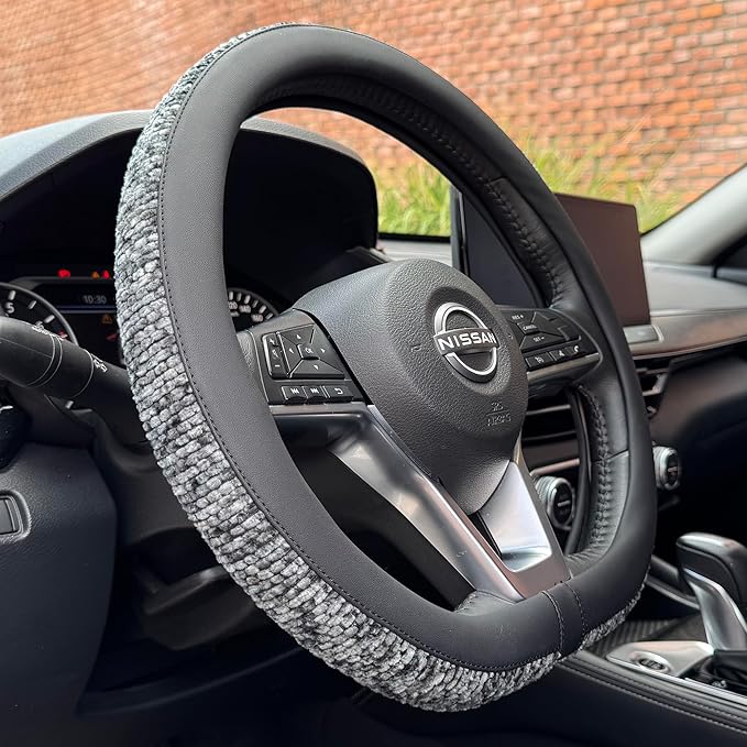 PINCTROT D Shaped Chenille Leather Steering Wheel Cover, Soft Mottled Colors, Sweat-Proof, Non-Slip Grip, All-Season Comfort,