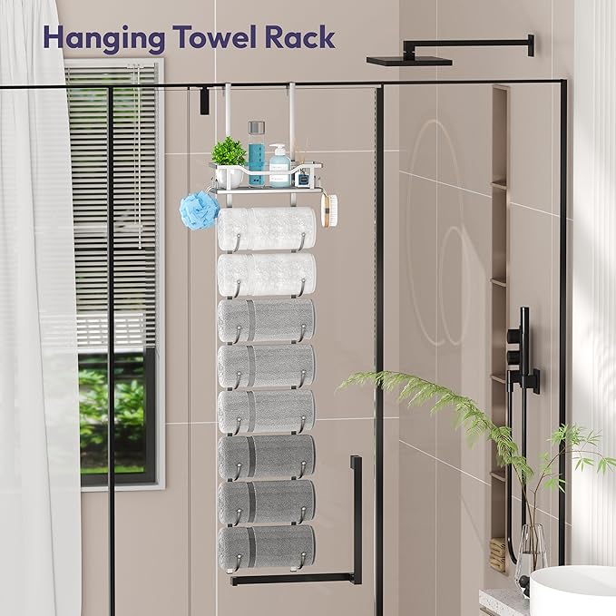 SWTYMIKI Over The Door Towel Rack - 9 Tier Towel Racks for Bathroom Wall Mounted, Towel Holder with Shelf, Hanging Rolled Tow