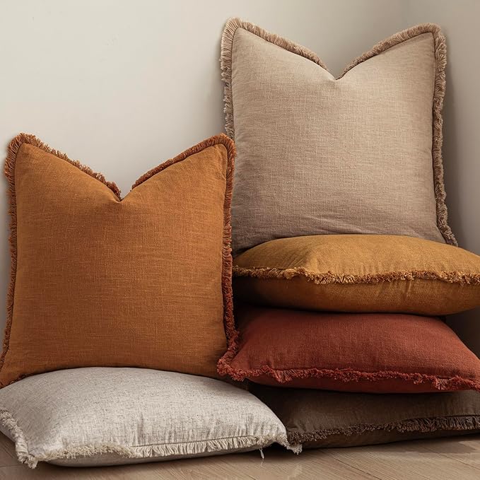 Foindtower Set of 2 Decorative Linen Fringe Throw Pillow Covers Cozy Boho Farmhouse Cushion Cover with Tassels Soft Accent Pi