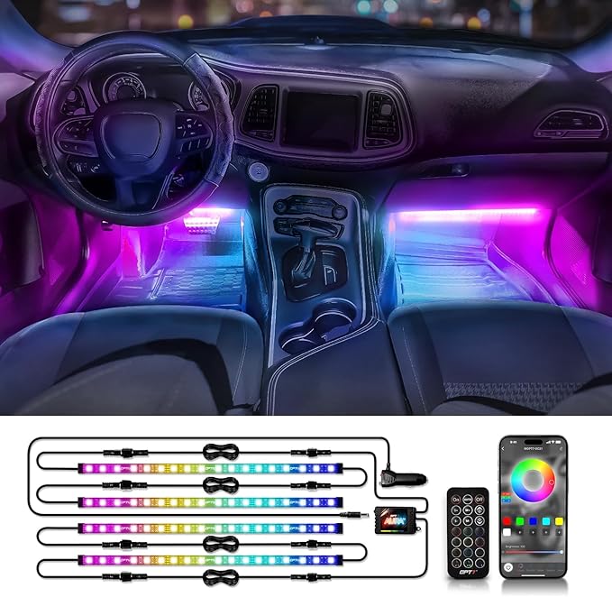 OPT7 Aura DreamColor RGB-IC LED Car Interior Light Strips, 4PC Interior Ambient Lighting Kit with APP & Remote Control, 12V Color Chasing Lights Universal for SUV Trucks Pickups Van, Easter Gifts