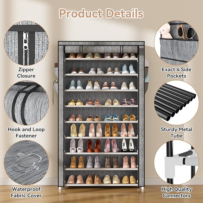 LANTEFUL Shoe Rack with Covers 10 Tier Tall Shoe Rack Organizer Large Capacity Shoe Shelf Storage 40 Pairs Space Saving Free 
