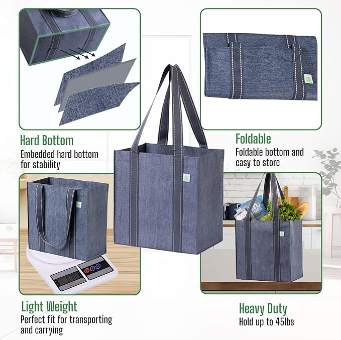 VENO 2-4 Pack Reusable Grocery shopping Bags, Medium Tote Bag w/Handle Hard Bottom, Heavy Duty, Foldable Carrier